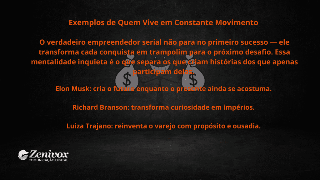 Imagem com fundo preto texturizado e ilustração sutil de dois sacos de dinheiro ao centro. O texto, em laranja vibrante, apresenta o título “Exemplos de Quem Vive em Constante Movimento” e descreve o perfil do verdadeiro empreendedor serial — aquele que transforma cada conquista em trampolim para o próximo desafio. Cita Elon Musk, Richard Branson e Luiza Trajano como exemplos de mentes inquietas que criam histórias em vez de apenas participar delas. Logotipo da Zenivox aparece no canto inferior esquerdo.
