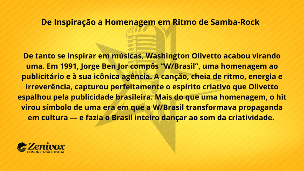 Slide com fundo amarelo e o título “De Inspiração a Homenagem em Ritmo de Samba-Rock”. O texto conta como Jorge Ben Jor homenageou Washington Olivetto e sua agência W/Brasil em 1991 com a música “W/Brasil”, celebrando sua influência criativa na publicidade brasileira. No centro, uma ilustração sutil de um microfone vintage e o logotipo da Zenivox no canto inferior esquerdo.