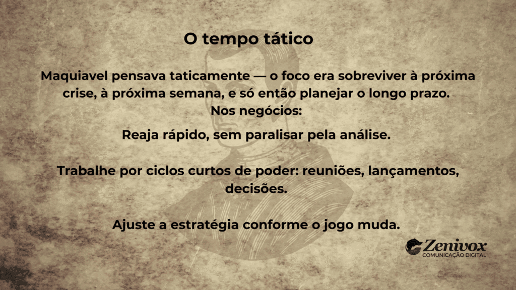 Imagem com fundo envelhecido e texto sobre o conceito de “tempo tático” inspirado em Maquiavel. O conteúdo explica como ele priorizava reagir rapidamente às crises e planejar o longo prazo apenas após sobreviver ao curto prazo. Aplica a lógica ao mundo dos negócios, incentivando ação rápida, ciclos curtos de decisão e constante adaptação estratégica, simbolizando a liderança situacional. 