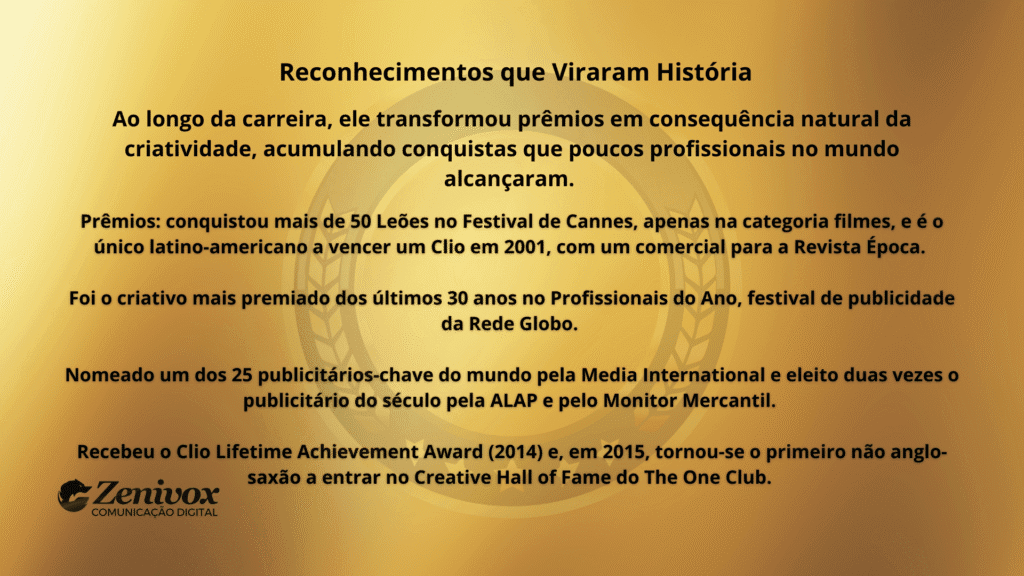 Slide com fundo dourado e o título “Reconhecimentos que Viraram História”. O texto destaca a trajetória premiada do publicitário  Washington Olivetto, incluindo mais de 50 Leões de Cannes, o Clio de 2001, o título de publicitário do século, o Clio Lifetime Achievement Award (2014) e sua entrada no Creative Hall of Fame em 2015. Logotipo da Zenivox no canto inferior esquerdo.