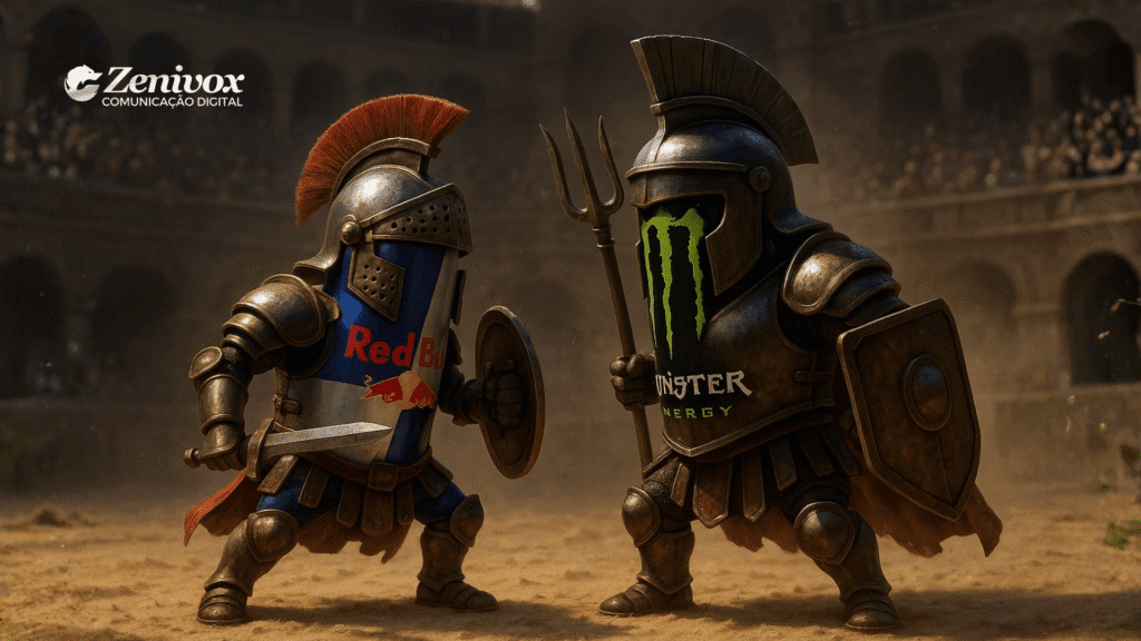 Cena em uma arena de gladiadores retratando duas latas de energéticos — Red Bull e Monster Energy — personificadas como guerreiros medievais em armaduras metálicas. A lata da Red Bull segura uma espada e escudo, enquanto a da Monster empunha um tridente, Representando as guerras comerciais. O logotipo da Zenivox aparece no canto superior esquerdo.