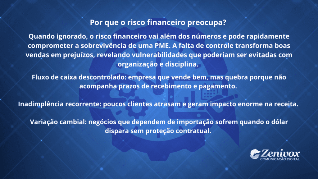 Slide em fundo azul com título “Por que o risco financeiro preocupa?”, destacando problemas como fluxo de caixa descontrolado, inadimplência recorrente e variação cambial que ameaçam a sobrevivência de pequenas empresas.