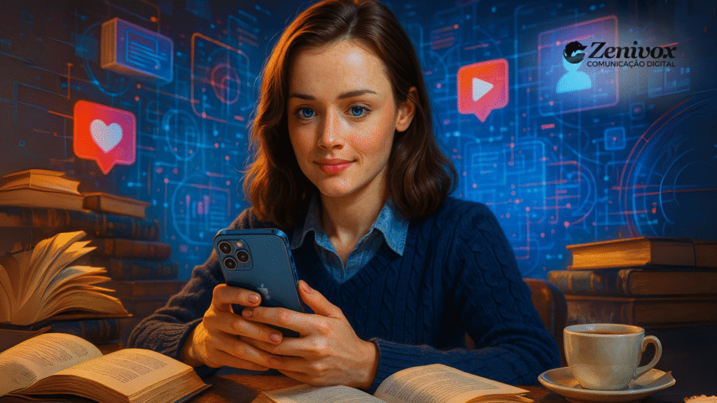 Rory Gilmore usando celular em meio a livros e café, com ícones digitais de redes sociais ao fundo, representando sua persona como analista de mídias sociais cult e intelectual. Simbolizando a analista de mídias sociais.