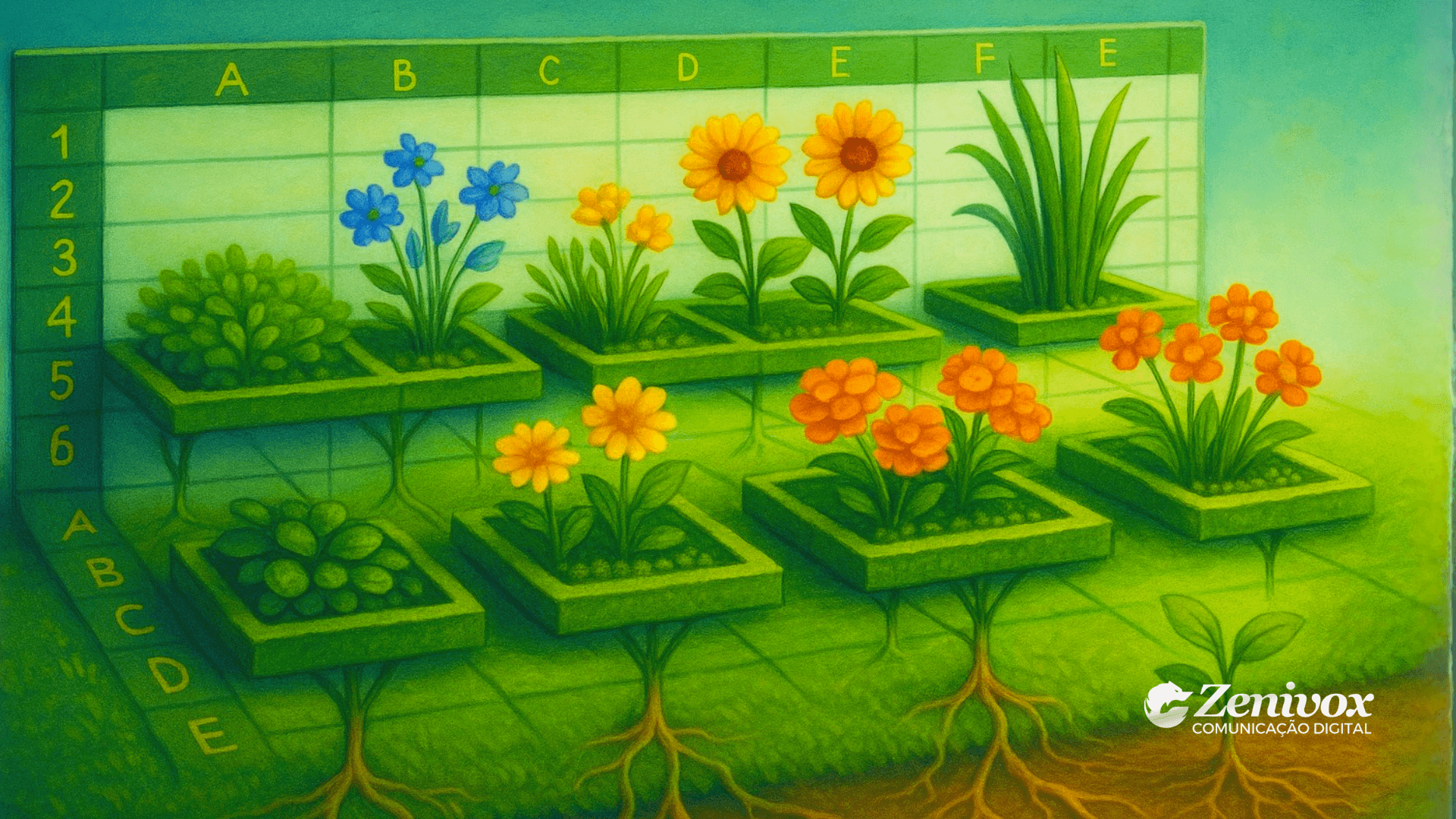 Ilustração surrealista mostrando uma planilha de Excel transformada em um jardim. Células viram canteiros com flores coloridas e raízes interligadas sob o solo. A arte combina elementos de natureza e organização, simbolizando gestão sustentável.