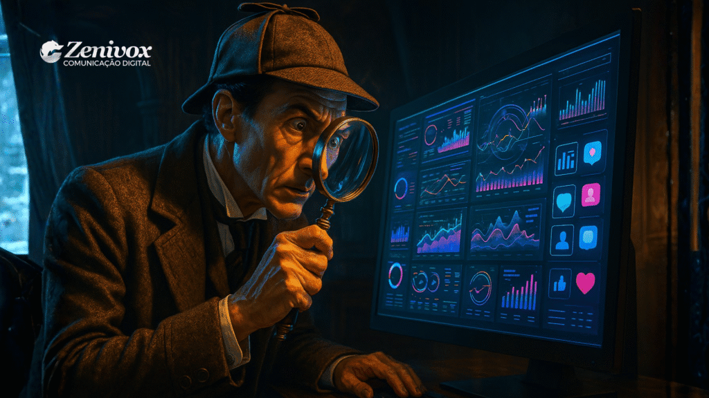 Sherlock Holmes analisando atentamente gráficos digitais em um monitor com uma lupa, simbolizando sua precisão e lógica dedutiva aplicadas à gestão de mídias sociais.