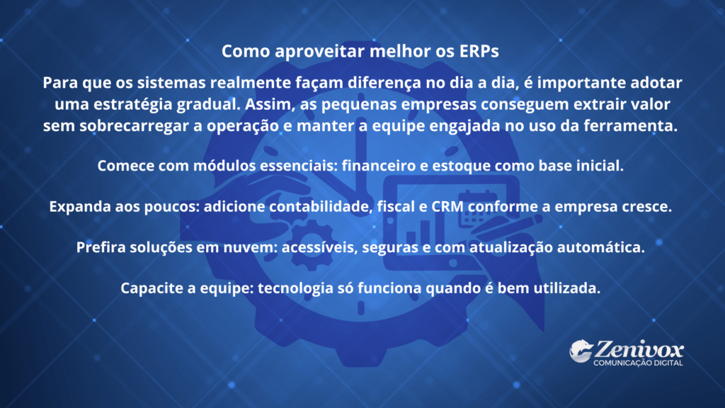 Slide em fundo azul com título “Como aproveitar melhor os ERPs”, destacando dicas para pequenas empresas implementarem sistemas de gestão de riscos de forma gradual e eficiente.