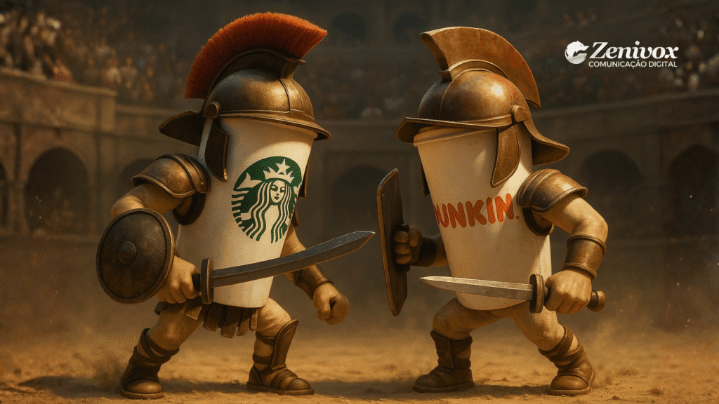 Cena em uma arena mostrando dois copos de café personificados como gladiadores — um com o logotipo verde da Starbucks e outro com o logotipo laranja da Dunkin’. Ambos vestem armaduras metálicas e capacetes romanos, empunhando espadas e escudos em um duelo. O logotipo da Zenivox aparece no canto superior direito.