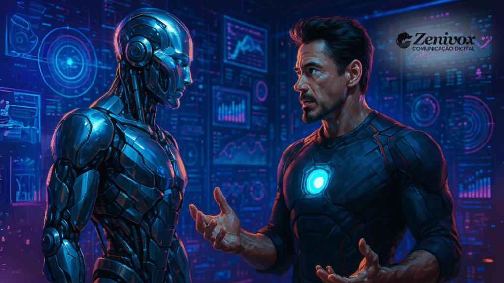 Tony Stark em traje tecnológico conversando com um androide em ambiente futurista repleto de painéis digitais e gráficos, simbolizando automação, big data e inteligência artificial aplicados ao marketing digital. Representando analista de mídias sociais.