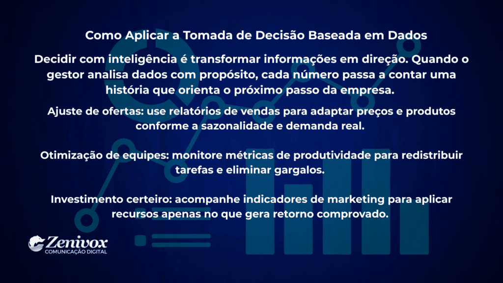 Imagem com fundo azul escuro e ícones de gráficos e conexões de dados. O texto explica como aplicar a tomada de decisão baseada em dados, destacando práticas como ajuste de ofertas, otimização de equipes e investimentos mais assertivos, ajudando na gestão inteligente. 
