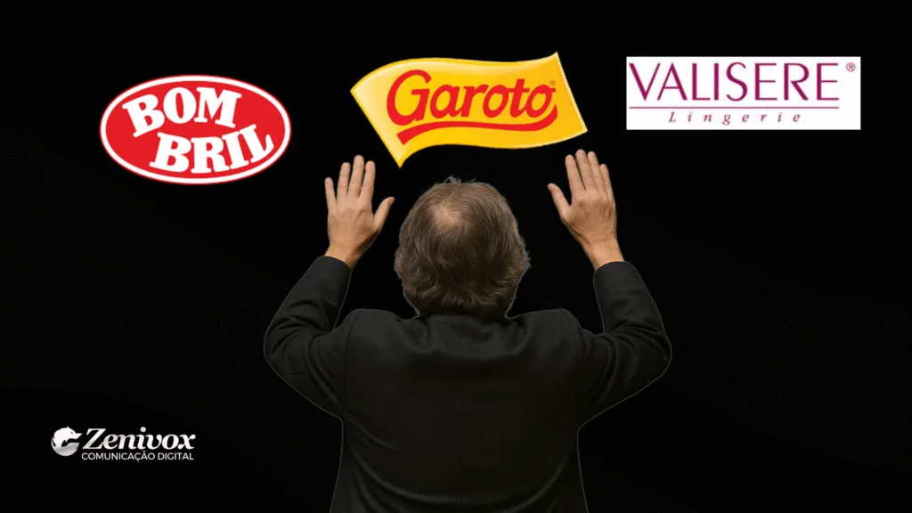 Homem de terno visto de costas com as mãos erguidas em direção aos logotipos das marcas Bombril, Garoto e Valisere sobre fundo preto. A imagem representa a trajetória de Washington Olivetto, o publicitário brasileiro responsável por algumas das campanhas mais icônicas e criativas do país. Logotipo da Zenivox no canto inferior esquerdo.