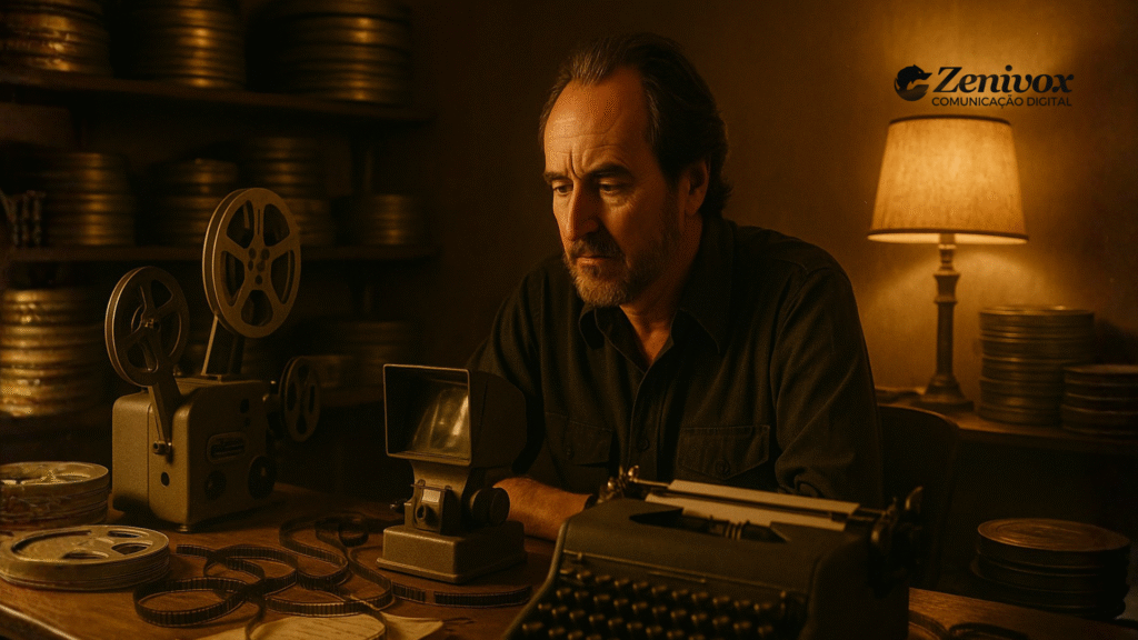 Wes Craven sentado em uma sala com iluminação amarelada e atmosfera nostálgica. Ele observa atentamente uma mesa coberta por rolos de filme, projetores antigos e uma máquina de escrever. Ao fundo, pilhas de latas de rolos cinematográficos reforçam o clima de bastidor criativo. A cena transmite introspecção e genialidade, representando o cineasta Wes Craven em um ambiente de criação, simbolizando o Empreendedor Serial . O logotipo da Zenivox aparece no canto superior direito. 