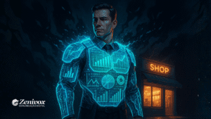 Empresário usando uma armadura digital iluminada por gráficos e indicadores de desempenho, simbolizando a gestão de riscos como proteção estratégica contra prejuízos.