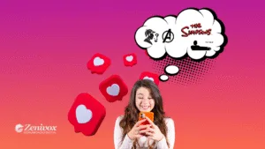 Mulher sorrindo ao celular cercada por ícones de curtida, com balão de pensamento exibindo personagens da cultura pop como Sherlock Holmes, Vingadores, Os Simpsons e Mad Men, representando o conceito de analista de mídias sociais criativo.