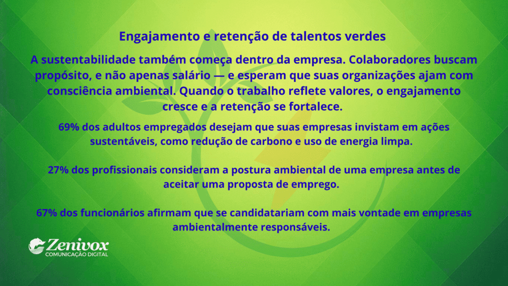 Imagem com fundo verde em degradê e o título “Engajamento e retenção de talentos verdes”. O texto aborda a importância da sustentabilidade dentro das empresas e como valores ambientais fortalecem o engajamento e a retenção de colaboradores. simbolizando gestão sustentável. O logotipo da Zenivox aparece no canto inferior esquerdo.