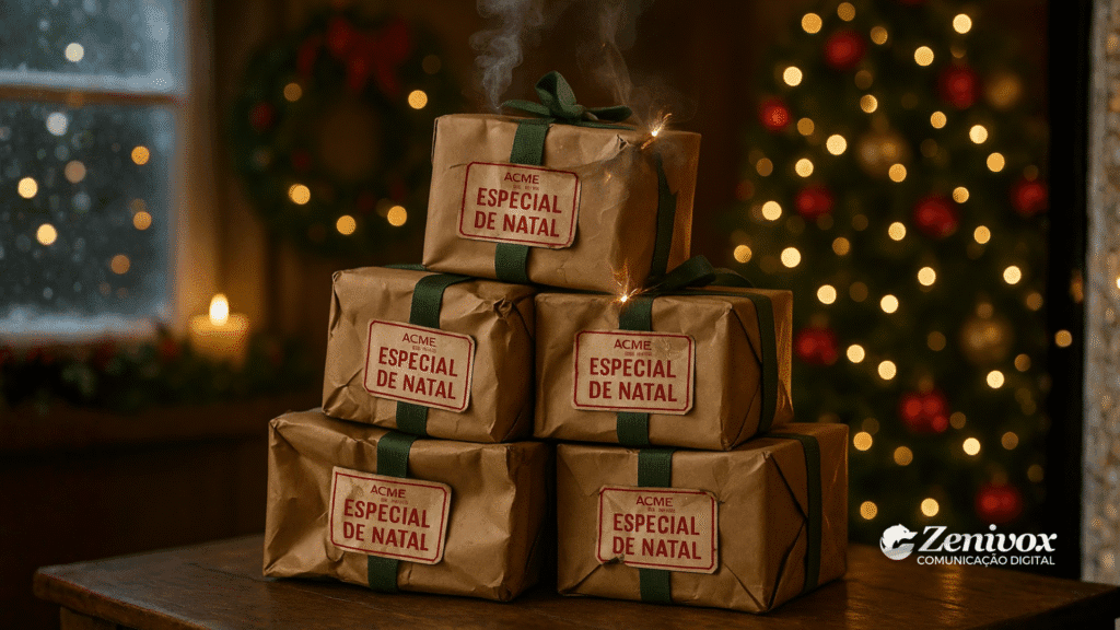 Pacotes natalinos com rótulo “Especial de Natal – ACME” empilhados sobre uma mesa, soltando faíscas e fumaça, simbolizando produtos que falham no básico e detonam a imagem corporativa da empresa — bem ao estilo desastroso da Acme Corporation.