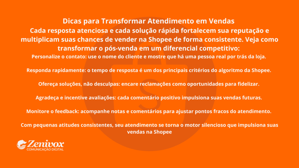 Painel educativo com dicas para transformar o atendimento ao cliente em vendas na Shopee, destacando práticas de personalização, rapidez e incentivo a avaliações positivas.