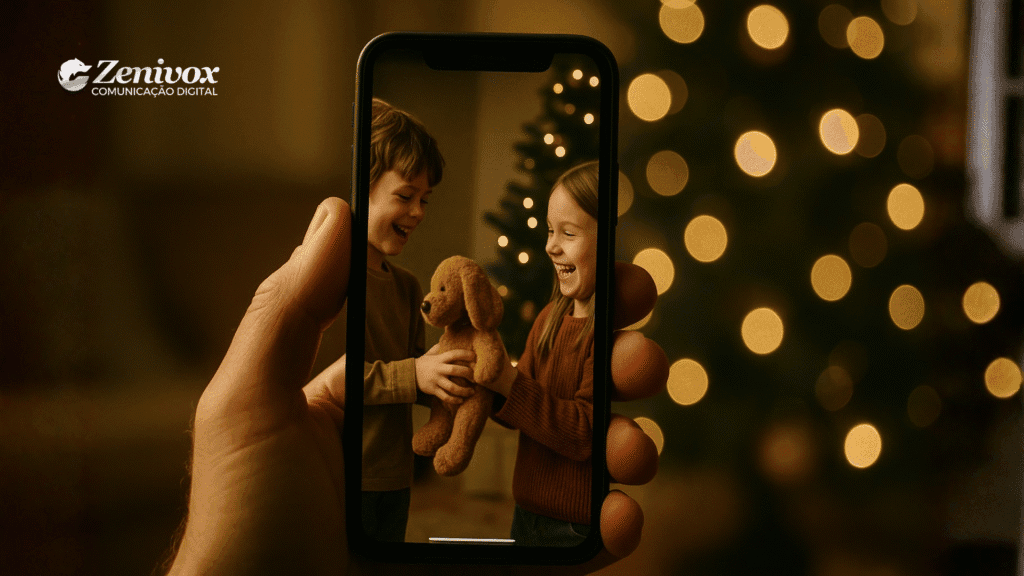 Mão segurando um smartphone que mostra duas crianças sorrindo trocando um presente, simbolizando o espírito emocional de uma campanha de marketing natalina bem construída.