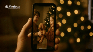 Mão segurando um smartphone que mostra duas crianças sorrindo trocando um presente, simbolizando o espírito emocional de uma campanha de marketing natalina bem construída.