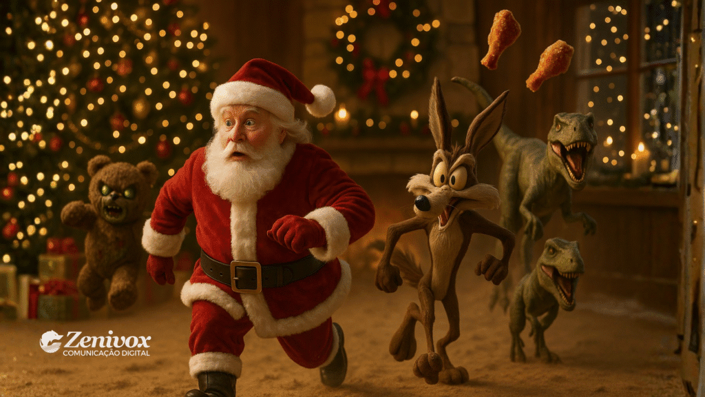 Papai Noel correndo desesperado enquanto é perseguido por personagens caóticos, incluindo um coiote animado, dinossauros e um ursinho agressivo, em uma cena natalina exagerada que simboliza empresas destruindo sua imagem corporativa no Natal.