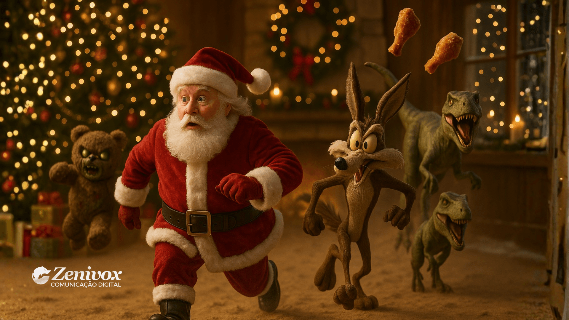 Papai Noel correndo desesperado enquanto é perseguido por personagens caóticos, incluindo um coiote animado, dinossauros e um ursinho agressivo, em uma cena natalina exagerada que simboliza empresas destruindo sua imagem corporativa no Natal.