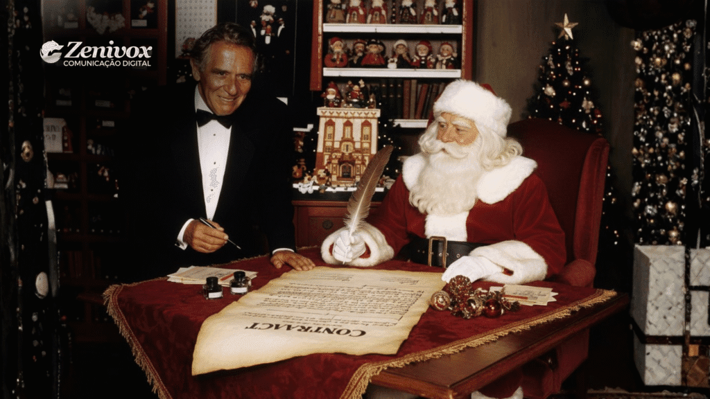 Cena natalina mostrando Kurt Adler ao lado do Papai Noel assinando um contrato gigante em uma mesa ornamentada. A imagem simboliza visão estratégica e criatividade — elementos que transformam profissionais comuns em empresários de sucesso.