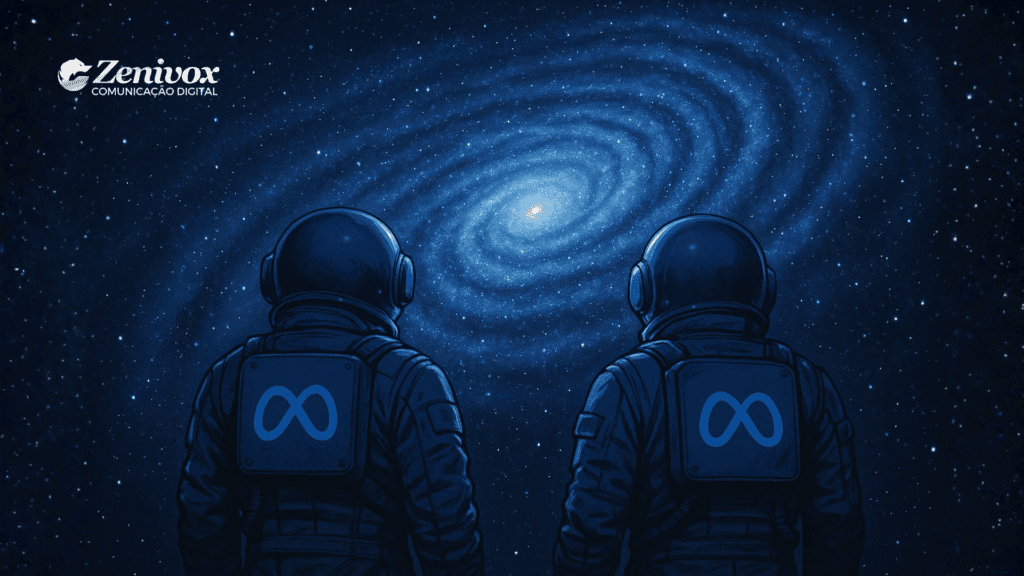 Ilustração de dois astronautas observando uma galáxia luminosa no espaço profundo, com o logotipo da Meta estampado em suas mochilas, simbolizando a nova era da plataforma Meta Andromeda e suas inovações em campanhas digitais.