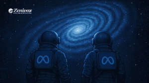 Ilustração de dois astronautas observando uma galáxia luminosa no espaço profundo, com o logotipo da Meta estampado em suas mochilas, simbolizando a nova era da plataforma Meta Andromeda e suas inovações em campanhas digitais.