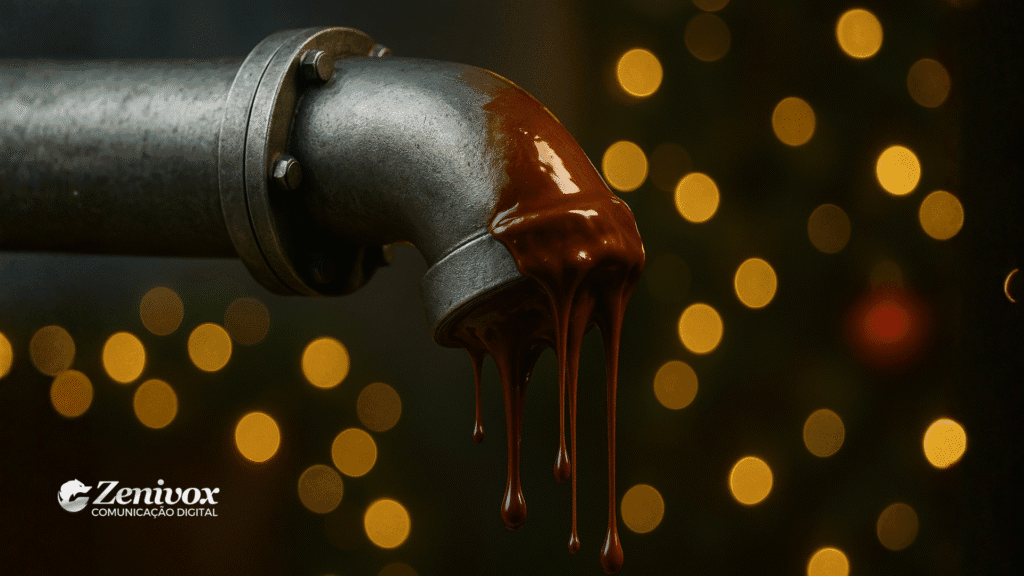 Tubo industrial derramando chocolate quente em frente a luzes de Natal desfocadas, simbolizando um Pipeline de Vendas fluindo com intensidade durante o período natalino.