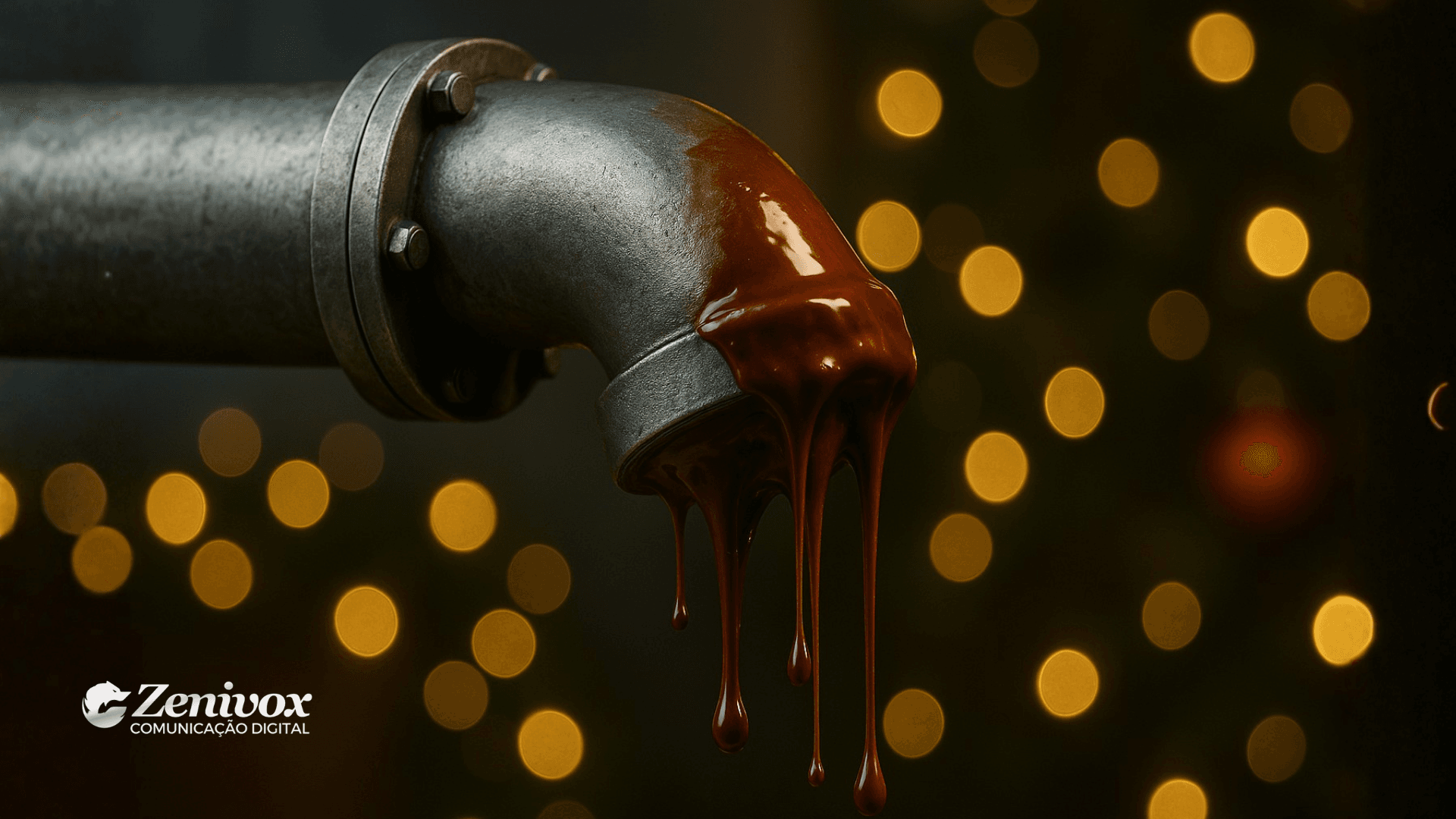 Tubo industrial derramando chocolate quente em frente a luzes de Natal desfocadas, simbolizando um Pipeline de Vendas fluindo com intensidade durante o período natalino.
