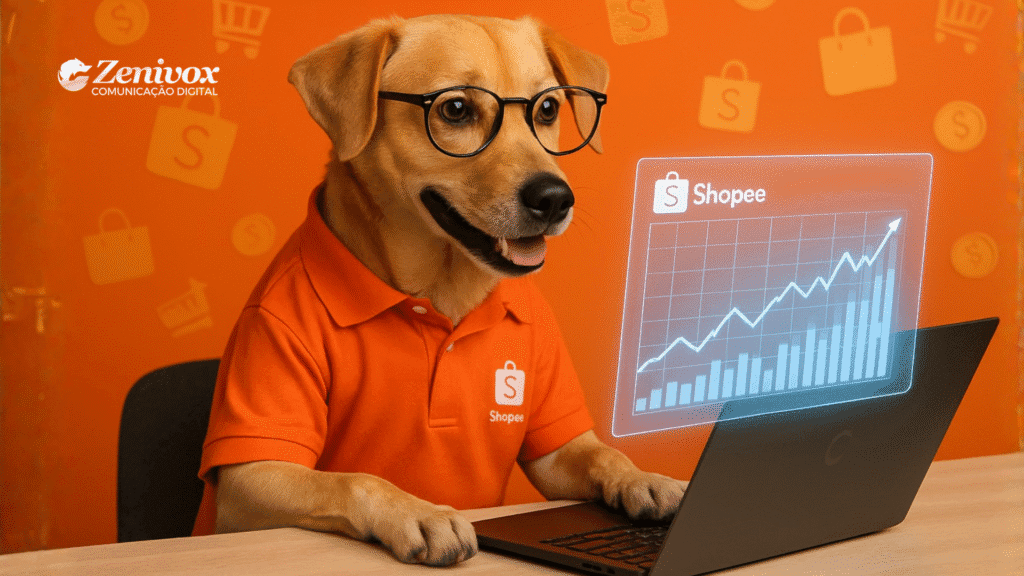 Mascote Shopito apresentando um guia ilustrado com o passo a passo para aumentar as vendas na Shopee em 2025, com destaque para produtos, anúncios e estratégias de destaque na plataforma.