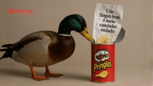 Pato real observando uma lata de Pringles com uma folha saindo dela, onde está escrito “Um slogan bom é meio caminho andado”, simbolizando a importância de mensagens criativas e memoráveis no marketing.