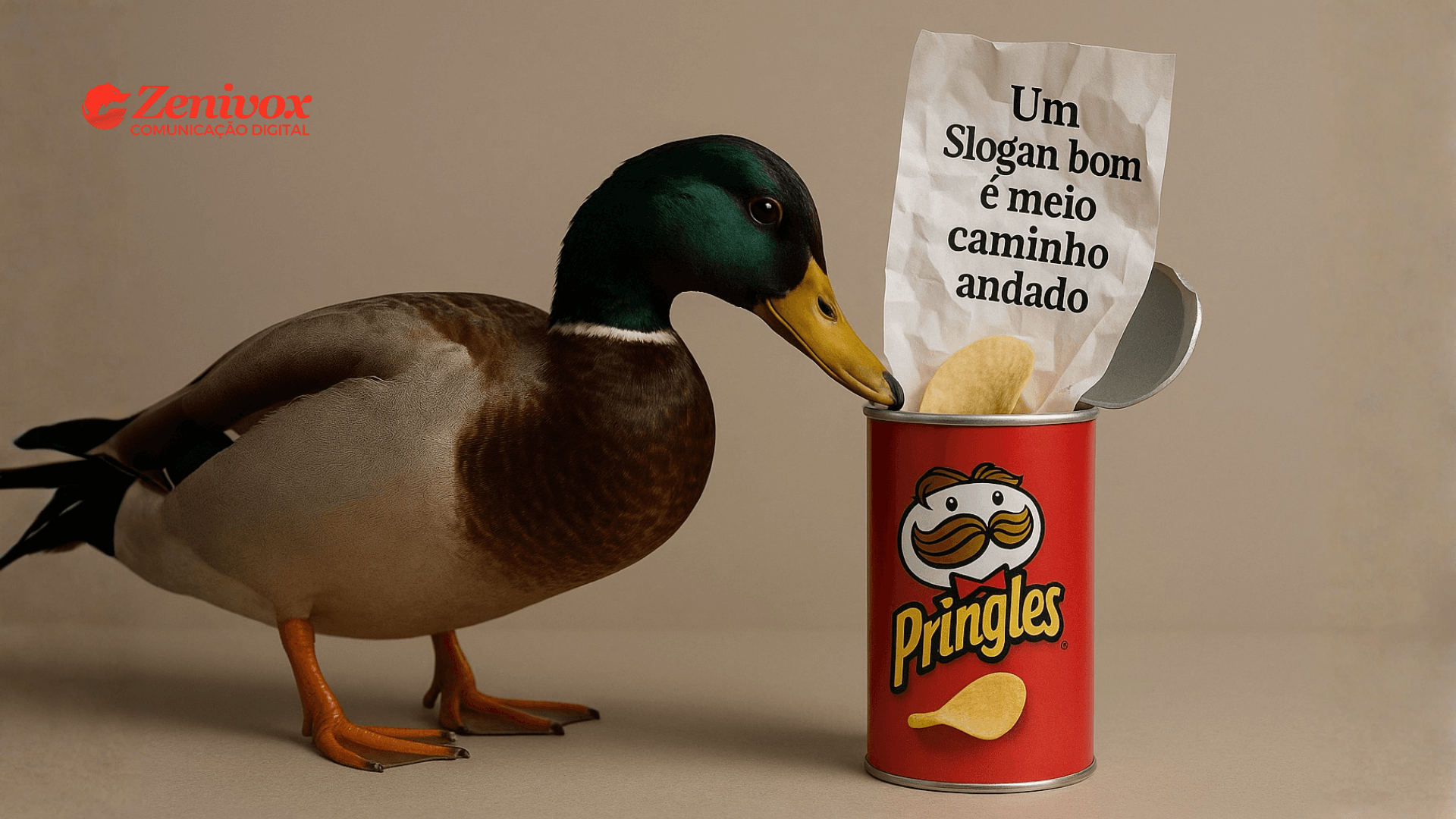 Pato real observando uma lata de Pringles com uma folha saindo dela, onde está escrito “Um slogan bom é meio caminho andado”, simbolizando a importância de mensagens criativas e memoráveis no marketing.