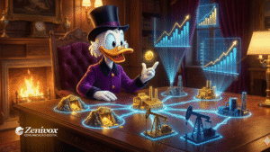 Tio Patinhas analisando gráficos de crescimento e investimentos diversificados sobre uma mesa holográfica, simbolizando os princípios de um Investidor Inteligente que entende estratégia, diversificação e visão de longo prazo.