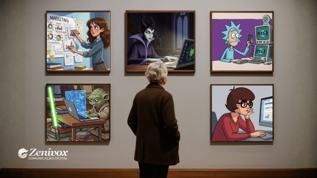 Uma mulher observa uma parede de quadros em uma galeria, cada um retratando personagens icônicos — como Malévola, Rick, Yoda, Hermione e Velma — em cenas de trabalho com computadores e estratégias de marketing. A imagem simboliza o conceito de “Curadoria de Conteúdo” ao misturar cultura pop e comunicação digital, representando diferentes estilos e arquétipos de criadores.