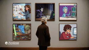 Uma mulher observa uma parede de quadros em uma galeria, cada um retratando personagens icônicos — como Malévola, Rick, Yoda, Hermione e Velma — em cenas de trabalho com computadores e estratégias de marketing. A imagem simboliza o conceito de “Curadoria de Conteúdo” ao misturar cultura pop e comunicação digital, representando diferentes estilos e arquétipos de criadores.