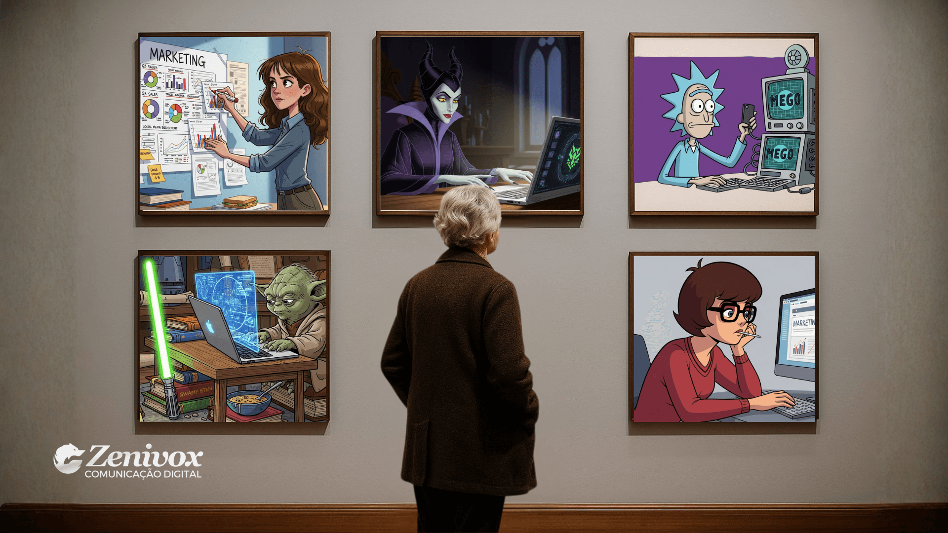 Uma mulher observa uma parede de quadros em uma galeria, cada um retratando personagens icônicos — como Malévola, Rick, Yoda, Hermione e Velma — em cenas de trabalho com computadores e estratégias de marketing. A imagem simboliza o conceito de “Curadoria de Conteúdo” ao misturar cultura pop e comunicação digital, representando diferentes estilos e arquétipos de criadores.