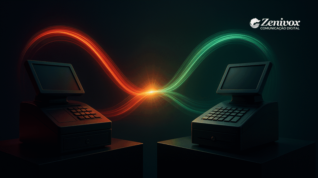 Duas máquinas registradoras posicionadas frente a frente, ligadas por um fluxo de luz em forma de infinito — metade em vermelho, metade em verde. A cena representa conexão, troca de valor e parceria entre negócios, simbolizando empreendedorismo colaborativo aplicado ao período natalino.