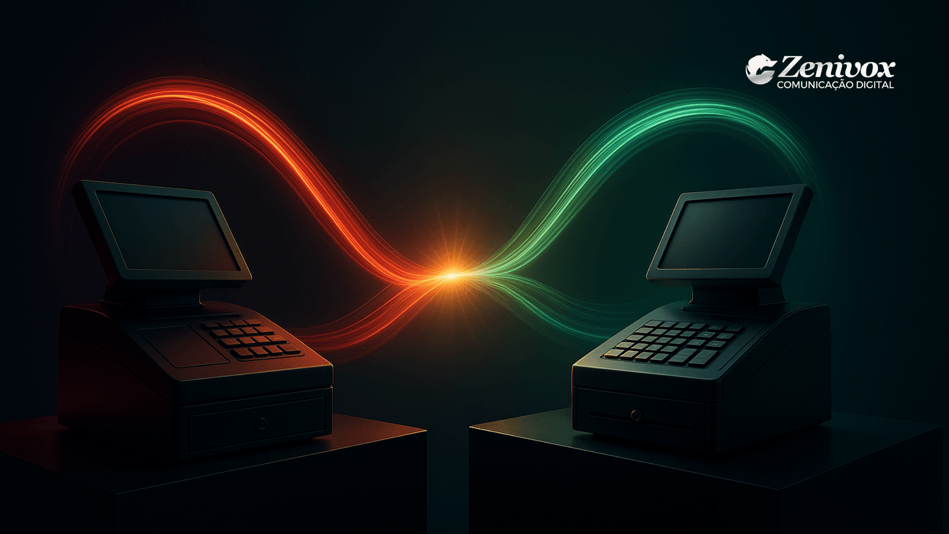 Duas máquinas registradoras posicionadas frente a frente, ligadas por um fluxo de luz em forma de infinito — metade em vermelho, metade em verde. A cena representa conexão, troca de valor e parceria entre negócios, simbolizando empreendedorismo colaborativo aplicado ao período natalino.