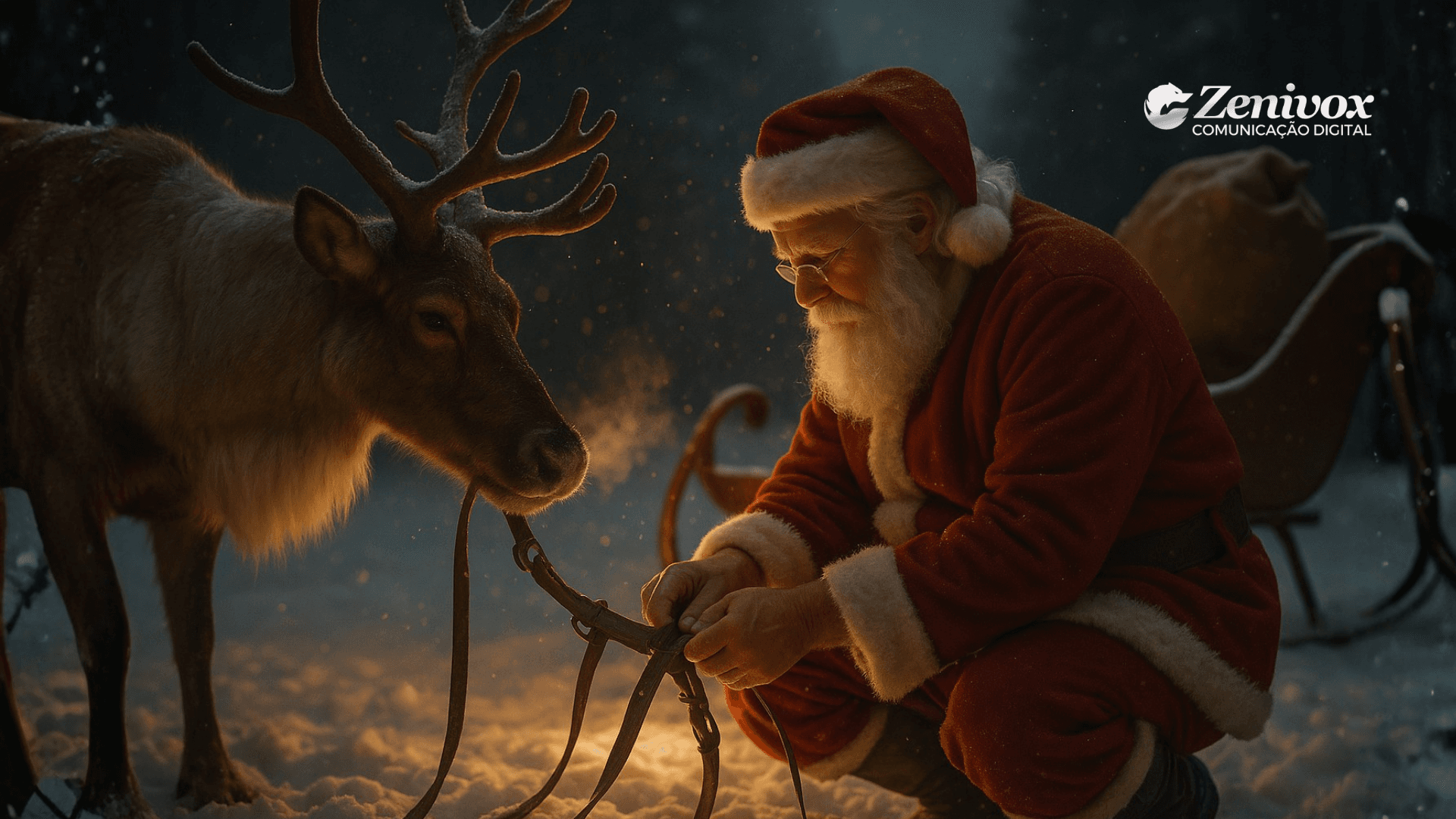 Papai Noel agachado no gelo ajusta o arreio de uma rena, iluminado por uma luz quente em meio ao frio intenso. A cena transmite cuidado, presença e responsabilidade, simbolizando uma liderança que acompanha de perto sem sobrecarregar — mesmo no período mais corrido do ano. Simbolizando a gestão humanizada.