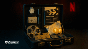 Mala executiva aberta com objetos de cinema e negócios, simbolizando ideias, estratégia e criatividade — representação perfeita para conteúdos sobre filmes para empreendedores que inspiram tomada de decisão, visão e inovação.