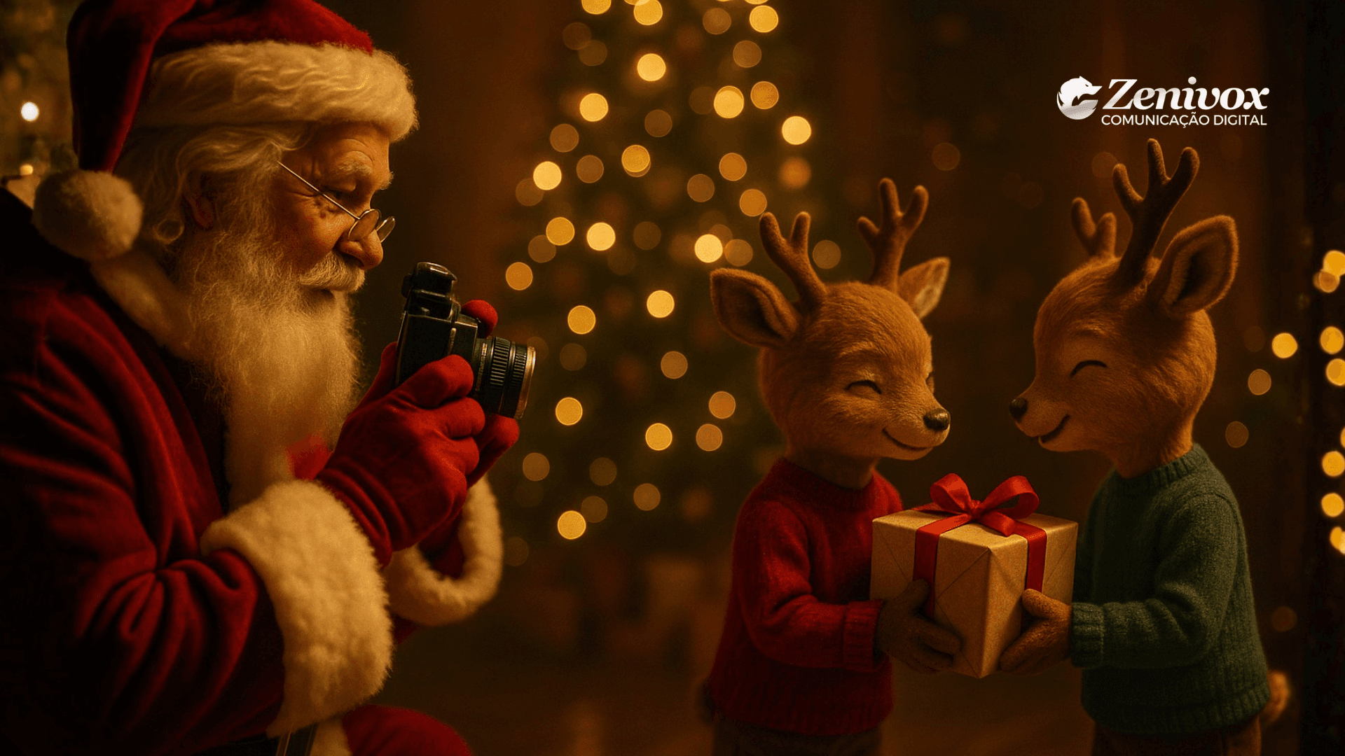 Papai Noel fotografa dois filhotes de rena estilizados trocando um presente embrulhado com laço vermelho, em um ambiente iluminado por luzes natalinas desfocadas ao fundo. A cena transmite clima festivo, estética cinematográfica e direção de arte típica de fotografia publicitária natalina.