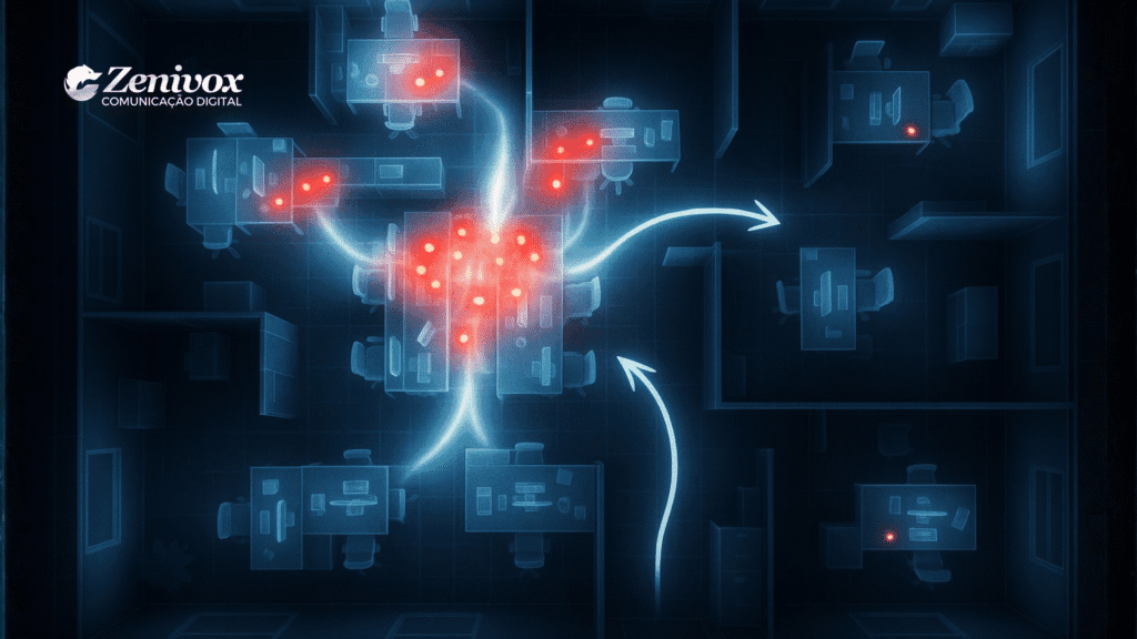 Ilustração representando pontos críticos dentro de um escritório e fluxos de adaptação, simbolizando como a gestão de mudanças reorganiza processos, times e rotinas no começo do ano.