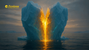 Iceberg gigantesco se partindo ao meio e revelando uma fenda de lava dourada, simbolizando o potencial oculto dentro de um Lead Frio que pode ser reaquecido no começo do ano.