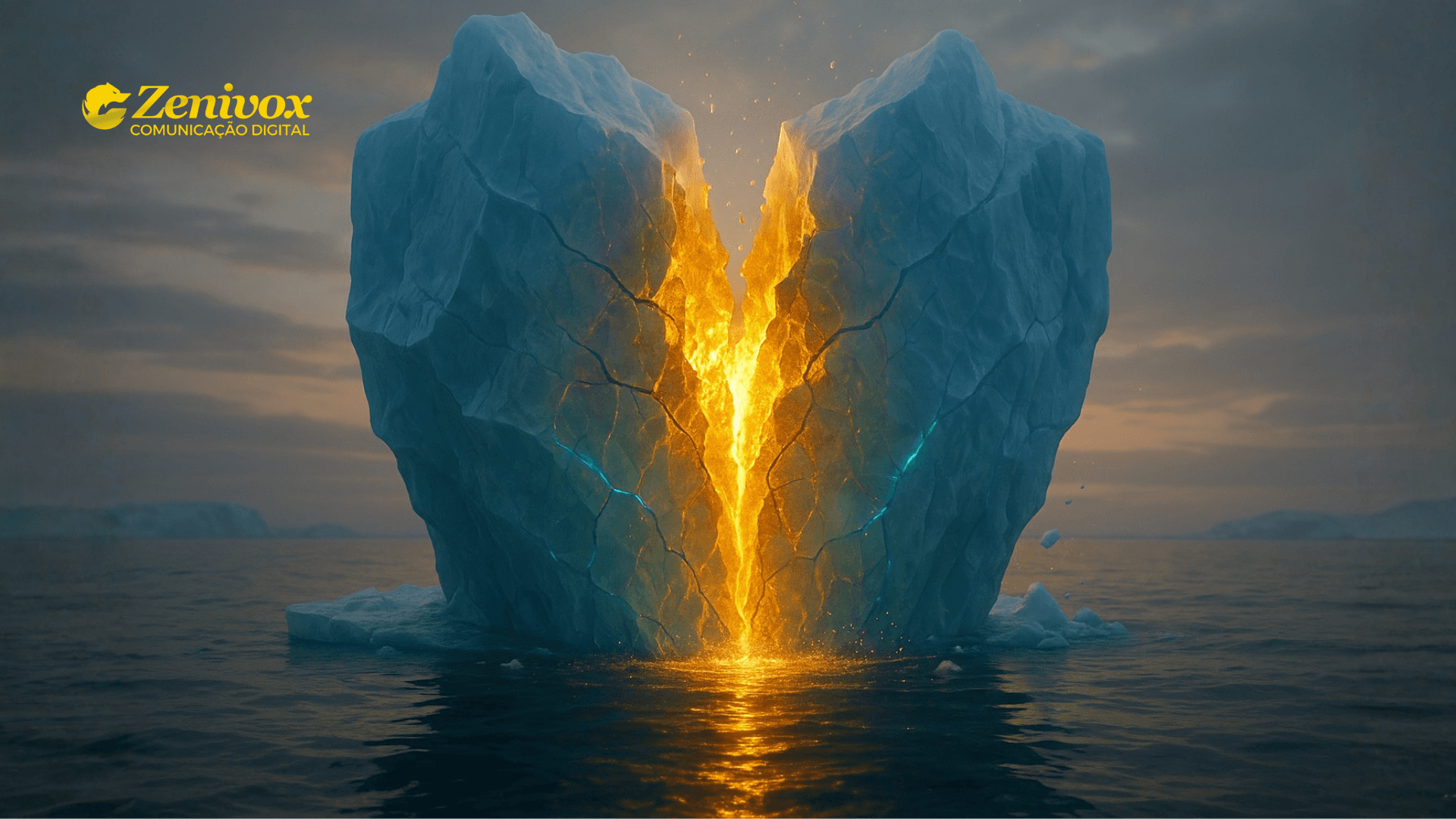 Iceberg gigantesco se partindo ao meio e revelando uma fenda de lava dourada, simbolizando o potencial oculto dentro de um Lead Frio que pode ser reaquecido no começo do ano.