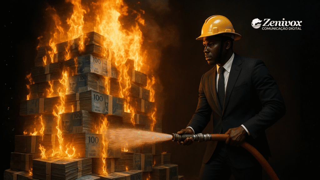 Homem de terno e capacete amarelo usando uma mangueira para apagar o fogo em uma grande pilha de dinheiro, simbolizando o controle e a proteção de processos financeiros empresariais.