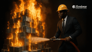 Homem de terno e capacete amarelo usando uma mangueira para apagar o fogo em uma grande pilha de dinheiro, simbolizando o controle e a proteção de processos financeiros empresariais.