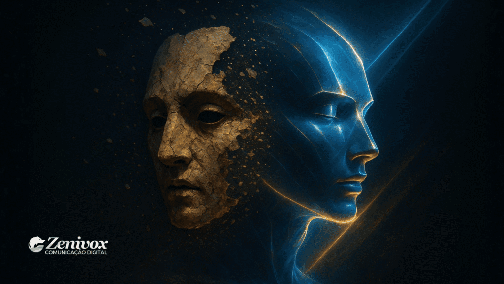 Ilustração conceitual mostrando uma face antiga se desfazendo e revelando uma nova estrutura luminosa por trás, simbolizando o processo de Rebranding de Marca e o início de um novo posicionamento no começo do ano.