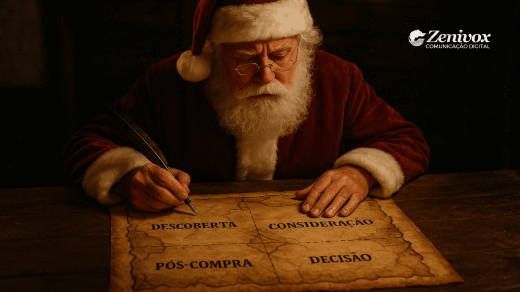 Papai Noel escreve com uma pena sobre um mapa antigo dividido em quatro partes nomeadas: “Descoberta”, “Consideração”, “Decisão” e “Pós-compra”. A cena simboliza a jornada de compra do consumidor no Natal, com luz suave e tom acolhedor que remetem à reflexão e estratégia.