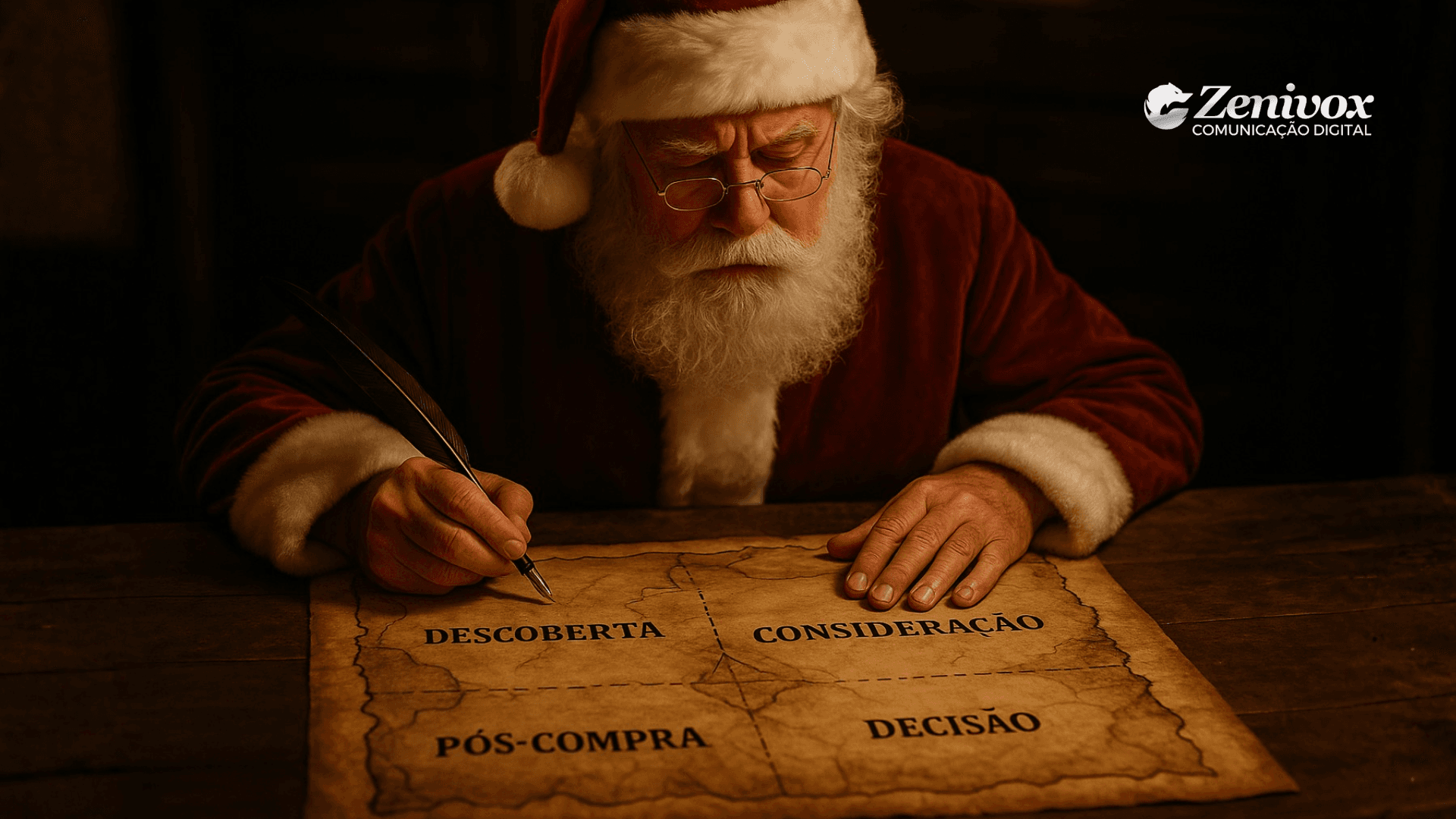 Papai Noel escreve com uma pena sobre um mapa antigo dividido em quatro partes nomeadas: “Descoberta”, “Consideração”, “Decisão” e “Pós-compra”. A cena simboliza a jornada de compra do consumidor no Natal, com luz suave e tom acolhedor que remetem à reflexão e estratégia.