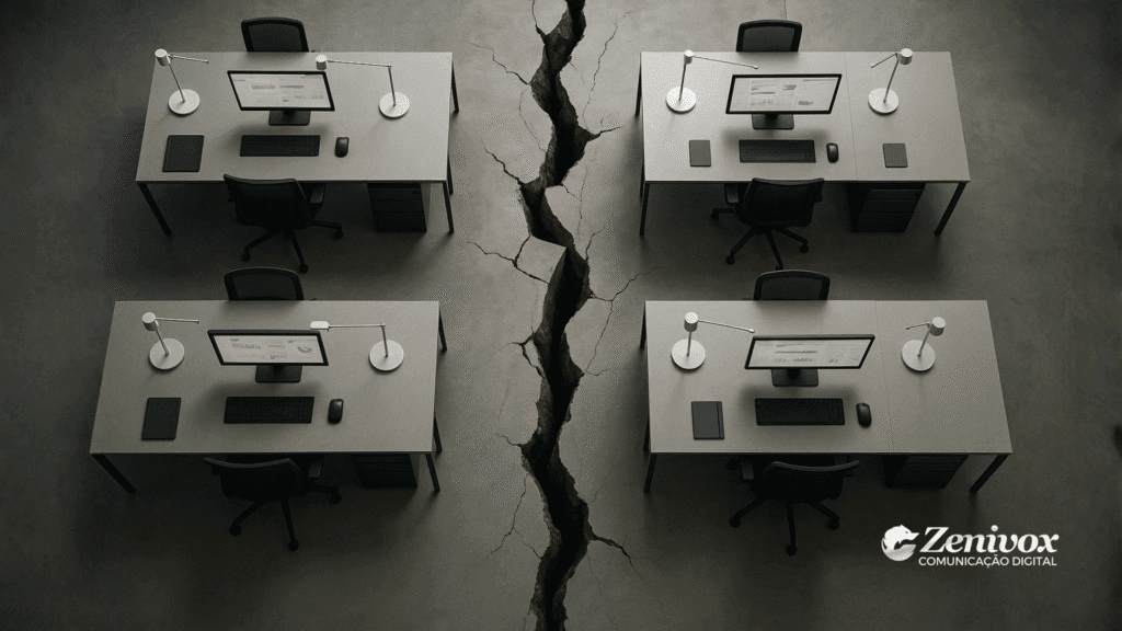 Ambiente corporativo com mesas alinhadas e uma enorme rachadura no chão separando as estações de trabalho, simbolizando como o Risco Corporativo frequentemente surge de dentro da própria operação — não do crime organizado.